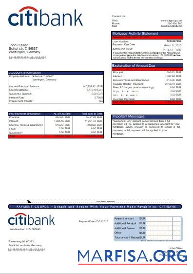 Printable Germany Citibank bank mortgage statement scr example